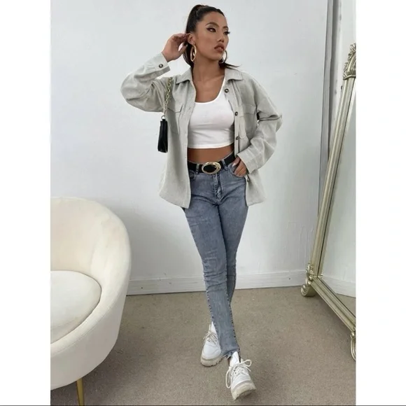 Flap Pocket Drop Shoulder Overcoat Grey Size M - Picture 2 of 6